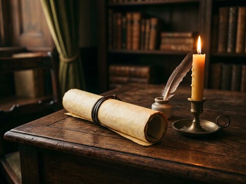 Candlelit desk scroll quill Constitution Day scene