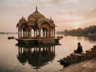 Fototapeta premium Man meditates on stone steps beside lake at sunrise with temple reflection in calm water
