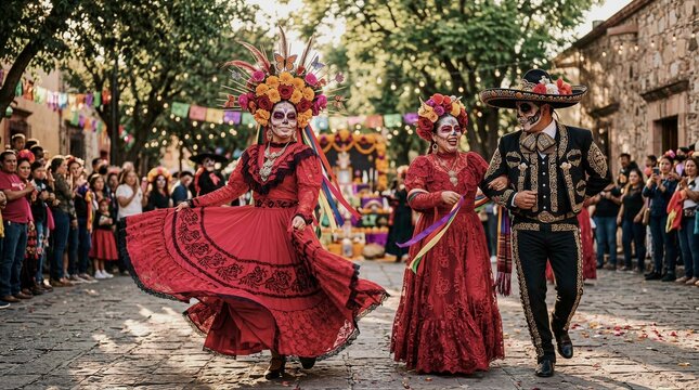 Couples dancing in traditional Mexican costumes during a Day of the Dead parade