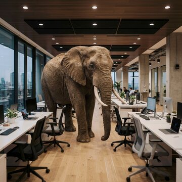 Elephant in modern office workspace with desks chairs and computers near large window