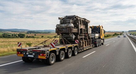 Obraz premium Heavy-duty multi-axle truck transporting industrial machinery on a highway