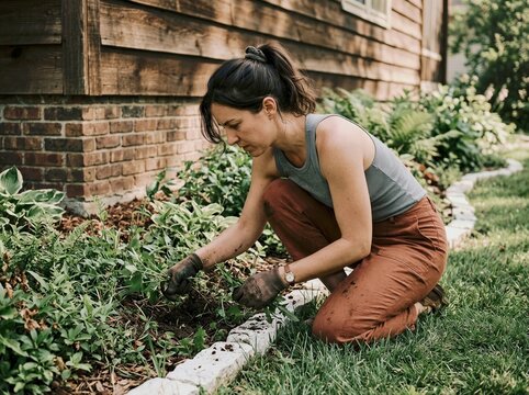 Woman kneeling in garden tending plants with gloves near wooden house during daytime