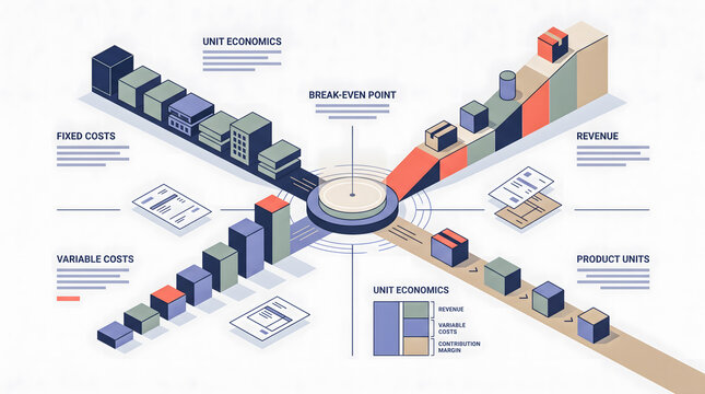 Minimalist financial illustration visualizing break-even analysis, fixed costs, variable costs, revenue, and unit economics through a clear geometric equilibrium concept.