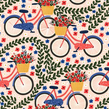 Bicycles with flower baskets in a colorful floral pattern