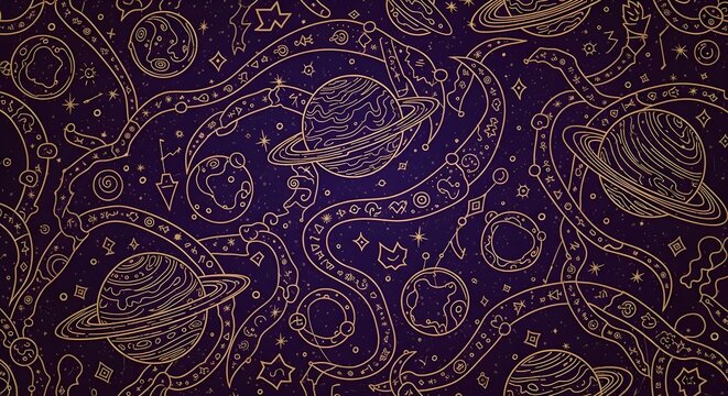 Vintage space exploration seamless pattern with golden telescopes rockets planets and moons on deep purple background