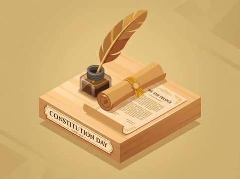 Constitution Day isometric illustration, vintage document scroll quill and ink on desk, retro politics banner, legal concept, history vector graphic