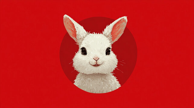 Cute white rabbit with pink ears, set against bold red circular background. Soft fur and gentle expression evoke innocence and calm. Ideal for Easter, wildlife, or children's content themes