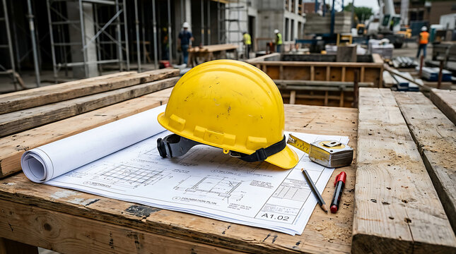 Construction Helmet and Blueprints on Wooden Table.