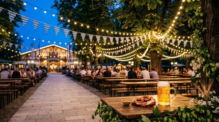 Obraz premium Oktoberfest Beer Garden with Beer, Pretzel, and Festive Lights at Twilight