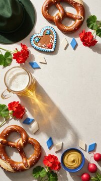 Traditional Oktoberfest flat lay with beer, pretzels, hat, and Bavarian decor