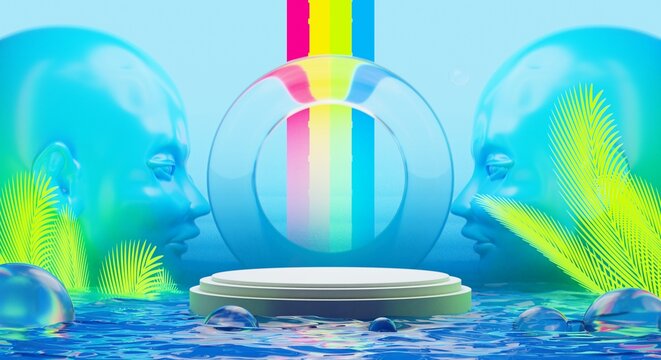 retro-future y2k 2000s frutiger aero aqua web 2.0 gloss with stage podium for product display showcase, 3d illustration rendering abstract background, technology and nature environment concept