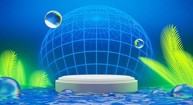 retro-future y2k 2000s frutiger aero aqua web 2.0 gloss with stage podium for product display showcase, 3d illustration rendering abstract background, technology and nature environment concept