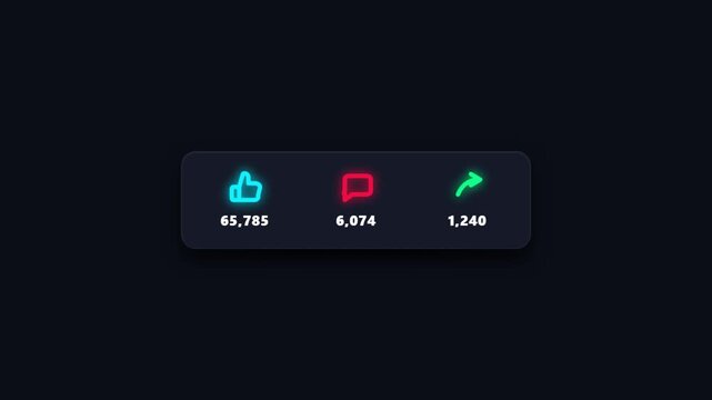 Neon blue like button icon with social media engagement counter numbers on a dark panel for website interface design and digital user interaction statistics display