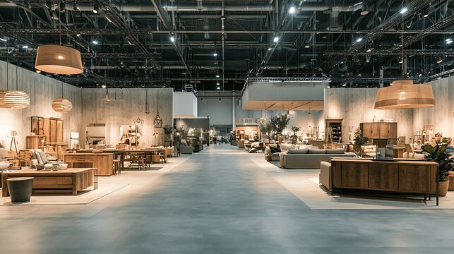 Modern wooden furniture displayed in a spacious contemporary showroom. Professional interior design trade show setting for home decor and lifestyle marketing concepts.