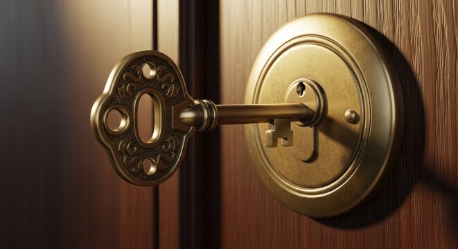 Antique brass key in vintage circular door lock
