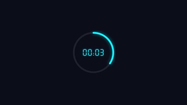 Neon blue digital countdown timer with a glowing circular progress bar on a dark background for time management and user interface design elements in a modern tech style for web applications