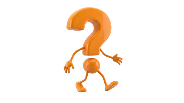 Bright orange question mark character walking forward with friendly expression rendered in high quality 3d style on transparent background