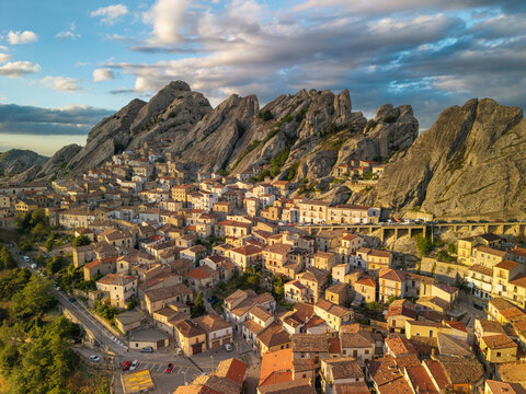 Aerial View of Castelmezzano Village at sunset in Basilicata Italy