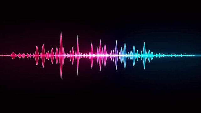 Abstract glowing neon sound wave equalizer on dark background with pink and blue gradient. Digital audio spectrum, voice frequency visualizer, and music beat pulse line. Ideal for tech designs, podcas