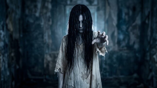 A terrifying ghost woman with long black hair reaching out in a dark and mysterious abandoned building