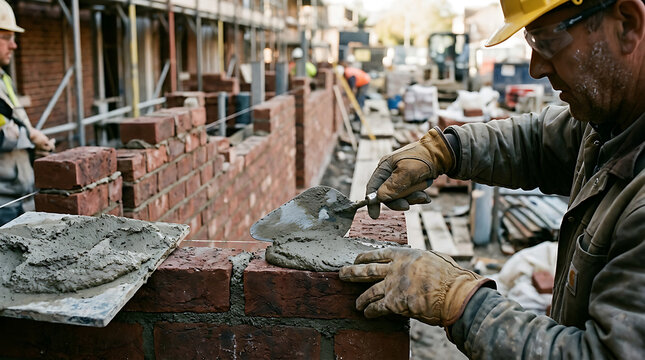 Construction worker laying bricks on building site.