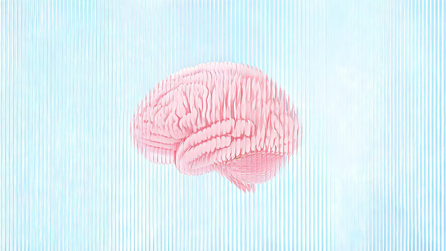 A stylized 3D rendered pink brain with textured lines, set against a soft light blue striped background, representing neuroscience and mental concepts.