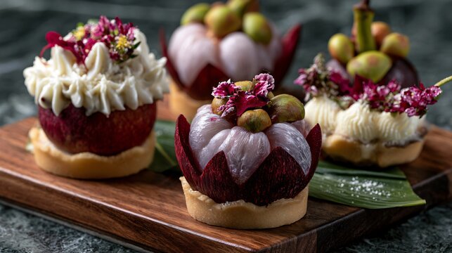 A tropical dessert composition featuring mangosteen incorporated into artisan pastries with premium food styling and elegant presentation