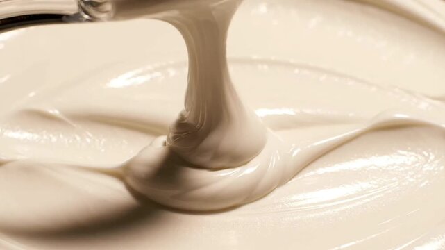 Creamy white cosmetic texture flowing slowly closeup video macro shot of skincare moisturizer pouring liquid lotion smooth organic body butter drip for beauty industry media