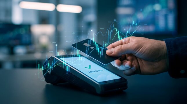 Digital payment technology with credit card and POS terminal. Financial data and stock market charts overlay. Secure banking transaction.