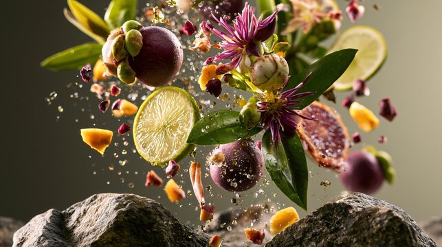 An ingredient explosion composition featuring mangosteen, tropical flowers, lush leaves, water droplets, citrus slices, and exotic fruit pieces suspended in mid-air above natural stone