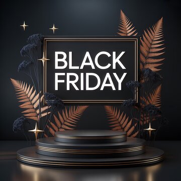 Black friday sale background with luxury podium and golden tropical leaves for product display and promotion