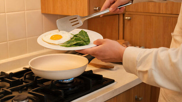 A chef transfers a freshly cooked fried egg and greens from a frying pan on a gas stove to a white plate in a kitchen.