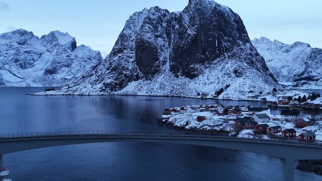 Aerial view of snowy hamnoy fishing village in lofoten islands norway