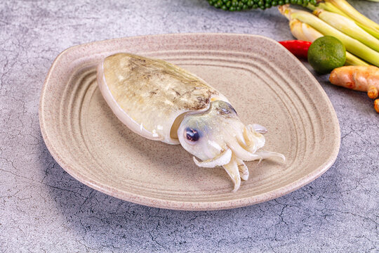 Fresh cuttlefish on ceramic plate with lime chili and herbs