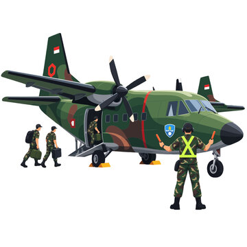 Military cargo airplane with soldiers and marshaller