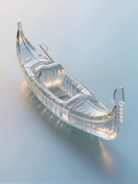 A traditional Venetian gondola recreated as a transparent inflatable plastic sculpture, elegant curved hull, raised prow and stylized oar, realistic crinkled translucent surface, soft luminous reflect