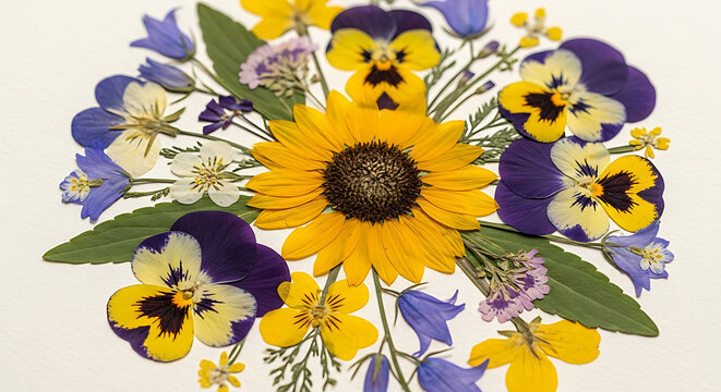 Colorful wildflower bouquet featuring a sunflower and pansies arranged on a white background with vibrant arrangement sunflowers