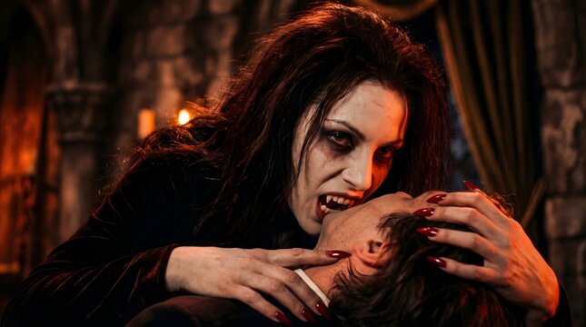 Male vampire with sharp fangs biting the neck of a woman in a dark gothic castle setting