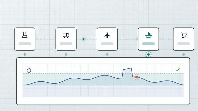 Abstract animated temperature monitored along a cold chain drawn as cyan and teal lines and shapes on a bright, clean light background. Seamless looping 4K motion graphics video with free space for te