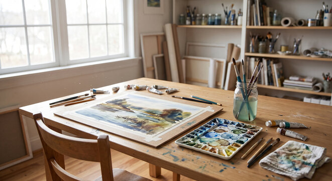 Art studio table mid-painting with palette and brushes