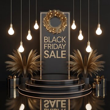 Black friday sale podium display with golden wreath and hanging light bulbs on a dark background