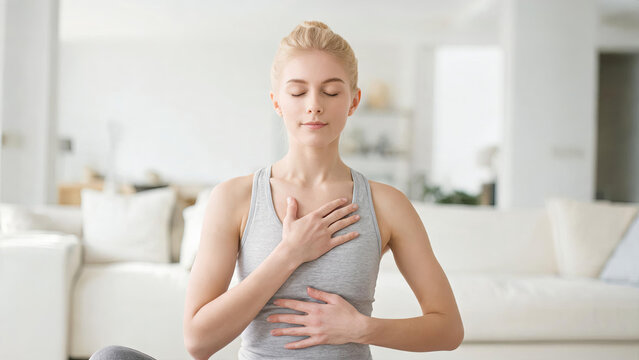 A young blonde woman practices breathing exercises with hands on chest and abdomen, in a bright indoor living space, focused on calm wellness.