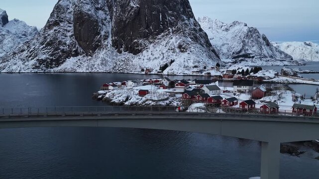 Aerial view of hamnoy fishing village and bridge in winter, Norway