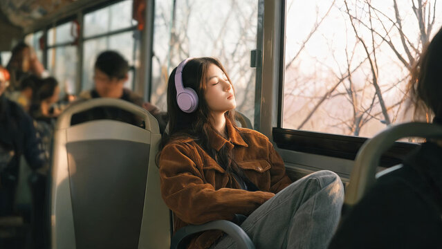 A young Asian woman relaxes with closed eyes while seated on a bus, wearing headphones during a daytime commute.