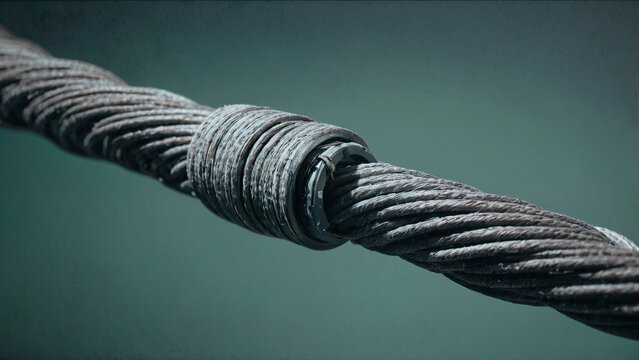 Macro close up of thick steel wire rope cable with industrial clamp connector