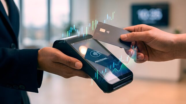 Contactless payment with credit card and POS terminal. Digital financial data overlay on wireless transaction. Modern banking technology.