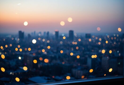 Bokeh city lights at sunset, beautiful urban nightscape with soft glowing orbs