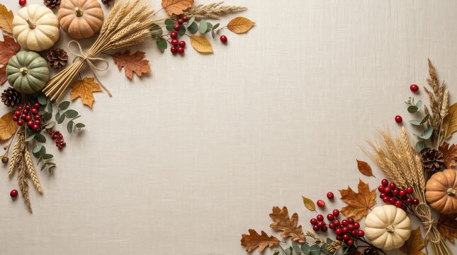 Fall flat lay of tied wheat bundles green pumpkin and colorful berries on linen with copy space