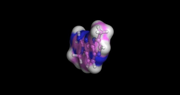 MeIQx (2-Amino-3,8-dimethylimidazo[4,5-f]quinoxaline), potent mutagenic heterocyclic aromatic amine formed during high-temperature cooking of meat, 3D molecule spinning, 4K