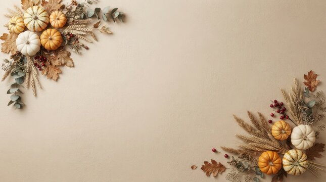Diagonal autumn frame with pumpkins and dry leaves on textured stucco background with copy space